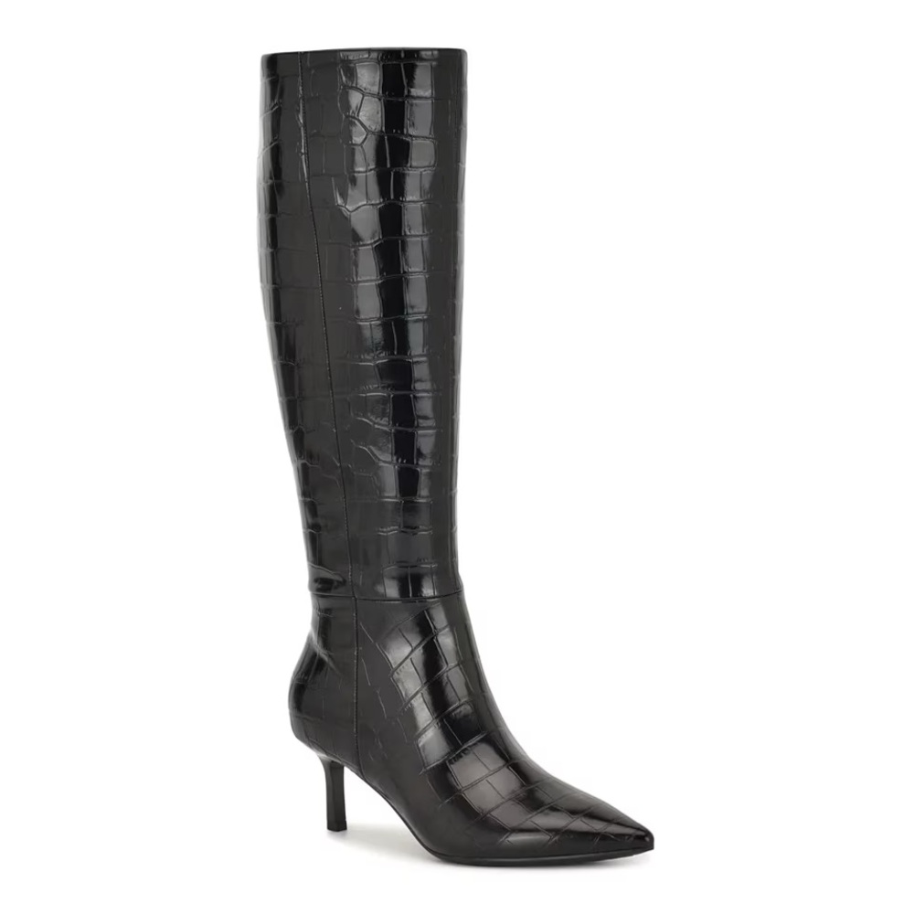 Black Croc-Embossed Knee-High Boots